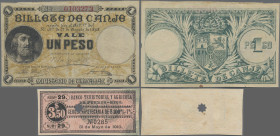Puerto Rico: Ministerio de Ultramar – BILLETE DE CANJE, 1 Peso 1895 without counterfoil, P.7c (VF, slightly stained) and Banco Territorial y Agricola ...