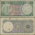 Qatar & Dubai: Qatar & Dubai Currency Board, 1 Riyal ND(1960's), P.1, graffiti right center on front, some rusty spots and a few folds and creases, Co...