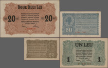 Romania: Banca Generală Română – German Occupation WW I, set with 4 banknotes, series ND(1917), with 25 and 50 Bani (P.M1b, M2, UNC, XF), 1 Leu (P.M3,...