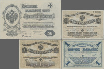 Russia: Western Volunteers Army – MITAU, lot with 3 banknotes, series 1919, comprising 2x 1 Marka (P.S226a, XF, aUNC) and 50 Mark (P.S230b, XF+/aUNC)....
