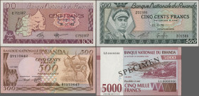 Rwanda: Banque Nationale du Rwanda, huge lot with 26 banknotes, series 1964-2009, comprising for example 100 Francs 1964 (P.8a, aUNC), 500 Francs 1974...
