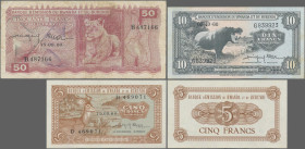 Rwanda-Burundi: Banque d'Émission du Rwanda et du Burundi, lot with 3 banknotes, series 1960, with 5 Francs (P.1a, XF/XF+), 10 Francs (P.2, VF+/XF, sl...