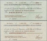 San Marino: Cassa di Risparmio della Repubblica di San Marino, pair with 150 and 200 Lire 1976, P.S101, S102 in UNC condition. (2 pcs.)
 [differenzbe...