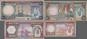 Saudi Arabia: Saudi Arabian Monetary Agency, lot with 4 banknotes, series AH1379 (1976-1977), with 1 Riyal (P.16, UNC), 10 Riyals (P.18, UNC), 50 Riya...
