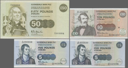 Scotland: Clydesdale Bank PLC, lot with 4 banknotes, series 1989-2002, with 5 Pounds 1990 (P.218a, UNC), 10 Pounds 1992 (P.219a, UNC), 5 Pounds 2002, ...