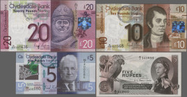 Scotland: Clydesdale Bank, lot with 4 banknotes, series 2009-2015, with 20 Pounds 2013 REPLACEMENT with prefix ”E/ZZ” (P.229Kbr, UNC), 5 and 10 Pounds...