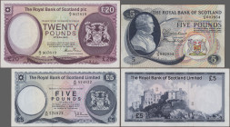 Scotland: Lot with 15 banknotes 1 – 20 Pounds, series 1967-1986, comprising for THE ROYAL BANK OF SCOTLAND 1 and 5 Pounds 1967 (P.327a, 328, UNC, VF),...