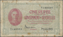 Seychelles: The Government of Seychelles, 1 Rupee 7th July 1943, P.7a, minor margin split, some rusty spots and slightly toned paper, Condition: F/F-....