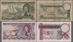 Seychelles: The Government of Seychelles, lot with 3 banknotes, series 1968-1972, with 5 Rupees 1968 (P.14a, UNC), 20 Rupees 1968 (P.16a, VF) and 50 R...