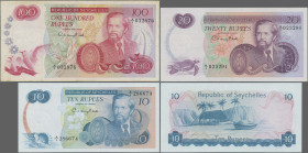 Seychelles: Republic of Seychelles, set with 3 banknotes, series 1976-77, with 10 Rupees (P.19a, UNC), 20 Rupees (P.20a, aUNC) and 100 Rupees (P.22a, ...