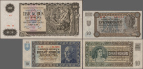 Slovakia: Slovakia Republic and Slovakia National Bank, lot with 10 banknotes, series 1939-1945, with 2x 10 Korun 1939/43 SPECIMEN (P.4s, 6s, UNC), 20...