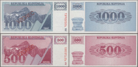 Slovenia: Republic and Bank of Slovenia, huge lot with 20 banknotes, comprising for example 500 and 1.000 Tolarjev 1992 SPECIMEN (P.8s, 9s, UNC), 10 –...