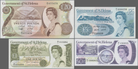 St. Helena: Government of Saint Helena, lot with 4 banknotes, series 1979-1988, with 50 Pence (P.5a, UNC), 1 Pound (P.9a, UNC), 5 Pounds (P.10a, aUNC)...