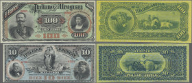 Uruguay: El Banco Italiano del Uruguay, pair with 10 Pesos 1887 REMAINDER (P.S212r, VF) and 100 Pesos 1887 REMAINDER (P.S215r, UNC). (2 pcs.)
 [diffe...