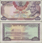 Zambia: Bank of Zambia, 20 Kwacha ND(1974), P.18, some pinholes left and right center, slightly toned paper with minor spots, Condition: F+/VF.
 [dif...