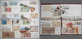 Alle Welt: 2 Collectors albums ”BANKNOTEN-BRIEFE AUS ALLER WELT” with 44 mainly modern banknotes all over the world. All banknnotes in sleeves with de...