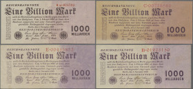 Deutschland - Deutsches Reich bis 1945: Lot mit 4 Banknoten 1 Billion Mark 1923, dabei 3x Reichsdruck mit Serie B, C und E und einmal Firmendruck mit ...