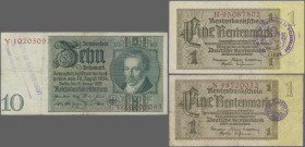 Deutschland - Deutsches Reich bis 1945: Lot mit 7 Banknoten, 3x 1 und 2 Rentenmark, 10 und 50 RM und 20 Mark mit diversen belgischen und luxemburgisch...
