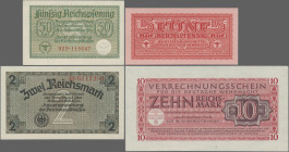 Deutschland - Nebengebiete Deutsches Reich: Behelfszahlungsmittel der Wehrmacht und Reichskreditkasse, Lot mit 13 Scheinen, dabei 1, 5, 10 und 50 RPf ...