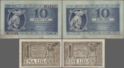 Deutschland - Nebengebiete Deutsches Reich: Sparkasse der Provinz Laibach, 1 Lira 1944 (Ro.618, P.R2, UNC) und 10 Lire 1944 (Ro.621, P.R5, F/F+). (2 S...