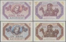 Deutschland - Nebengebiete Deutsches Reich: Saar, 1 Mark 1947, Ro.867 (P.3) (VF, etwas fleckig) und 5 Mark 1947, Ro.869 (P.5) (XF/XF+). (2 Stück)
 [d...