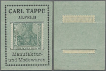 Deutschland - Briefmarkennotgeld: Alfeld, Niedersachsen, Carl Tappe, Manufaktur- und Modewaren, 5 Pf., Werbekarton mit in Schlitzen gesteckte Briefmar...