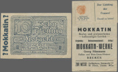 Deutschland - Briefmarkennotgeld: Bremen, Georg Häsemann, Mokkatin-Werke, Briefmarkengeld des ”Büro für moderne Reklame, Bremen”, VS. blau, RS. schwar...