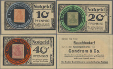 Deutschland - Briefmarkennotgeld: Elberfeld, Rheinland, Gondrom & Co., Rauchbedarf, 10, 20, 40 Pf. Germania, Erh. I, total 3 Scheine
 [differenzbeste...