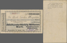 Deutschland - Notgeld - Bayern: Marquartstein, Bezirkssparkasse, 250 Mio. Mark, Oktober 1923, vollständig gedruckter Eigenscheck, Ausgabestelle bei Ke...
