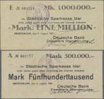 Deutschland - Notgeld - Rheinland: Oberstein-Idar, Deutsche Bank, Schecks auf Städtische Sparkasse Idar, 500 Tsd. Mark, Serie A, 1 Mio. Mark, Serie E,...