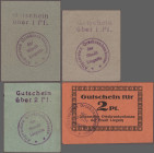 Deutschland - Notgeld - Ehemalige Ostgebiete: Liegnitz, Schlesien, AOK, 2 x 1 Pf., Karton blaugrün bzw. grau, 3 x 2 Pf., Karton blaugrün, gelbbraun, g...