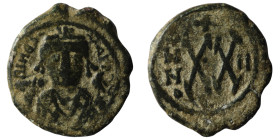 Tiberius II. Constantine. (578-582 AD). 1/2 Follis / 20 Nummi. Constantinople. Obv: cuirassed bust facing holding globus cruciger. Rev: XX. cross abov...