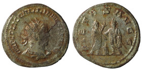 Gallienus. (255-256 AD). BI Antoninian. Antioch. Obv: IMP C P LIC GALLIENVS P F AVG. radiate and cuirassed bust of Gallienus right. Rev: PIETAS AVGG. ...