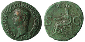 Gaius Caligula. (37-38 AD) Æ As. Rome. Obv: C CAESAR AVG GERMANICVS PON M TR POT. draped head left. Rev: VESTA / SC. Vesta seated left holding patera ...