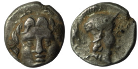 Pisidia. Selge. (350-300 BC) AR Obol. Obv: facing gorgoneion. Rev: helmeted head of Athena left. 10mm, 0,83g