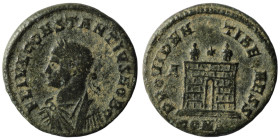 Constantinus II. (333-334 AD). Follis. Constantinople. Obv: CONSTANTINVS IVN NOB C. laureate bust of Constantinus left. Rev: PROVIDENTIAE CAESS. Campg...