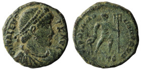 Valens. (364-367 AD). Æ Follis. Antioch. Obv: D N VALENS P F AVG. perl-diademed bust of Valens right. Rev: GLORIA ROMANORVM. emperor walking right hol...