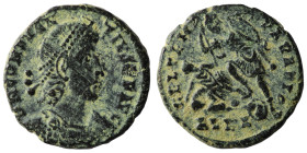 Constantinus II. (351-354 AD). Follis. Alexandria. Obv: D N CONSTANTIVS P F AVG. diademed bust of Constantinus right. Rev: FEL TEMP REPARATIO. soldier...