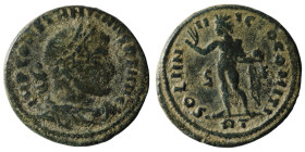 Constantinus I. (307-337 AD). Follis. Antioch. Obv: CONSTANTINVS AVG. laureate bust of Constantinus left. Rev: SOL INVICTO COMITI. Sol standing left h...
