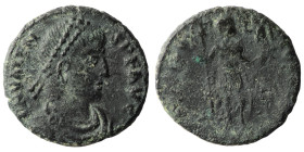 Valens. (364-367 AD). Æ Follis. Obv: D N VALENS P F AVG. pearl-diademed bust of Valens right. Rev: RESTITVT ORBIS. emperor standing facong holding sta...