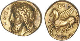 SICILE
Syracuse (344-317) : 30 litrai ou hémidrachme d'or à la tête laurée et barbue de Zeus à gauche - R/: Pégase volant à gauche
 - TTB 35 (TTB)
...