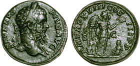 SEPTIME SÉVÈRE (193-211)
As : La Victoire debout à droite, entre 2 captifs assis, tenant un étandard des 2 mains
 - TTB 45 (TTB++)
Rare ! - légèrem...