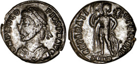 PROCOPE (365-366)
Centenionalis en bronze : Procope debout de face, la tête à droite, portant le labarum & s'appuyant sur un bouclier
SMHA - TTB 40 ...