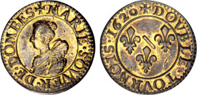 DOMBES
Principauté, Marie de Montpensier (1608-1626) : Double tournois
1620 - TTB 45 (TTB++)
CGKL 728 - Rare !, doré pour treiz.
Doré pour treizai...