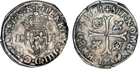 HENRI IV le Grand (1589-1610)
Douzain, 2e type, variété avec "+" ou atelier initial à l'avers
1591 I - TTB 40 (TTB+)
Rare !


D 1247a, GR1 552
...