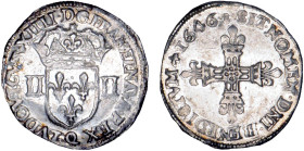 LOUIS XIV le Grand (1643-1715)
1/4 d'écu, frappé au marteau, écu de face
1646 Q - SUP 55 (SUP)
Très Rare surtout en l'état ! ....


DR 264, D 14...
