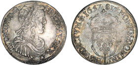 LOUIS XIV le Grand (1643-1715)
1/2 écu blanc à la mèche longue
1657 L - SUP 50 (SUP-)
Très Rare !!, inf. ajust. & faibl.


DR 277, D 1470, GR 16...