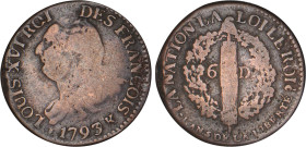 PÉRIODE RÉVOLUTIONNAIRE
6 DENIERS type "FRANÇOIS"
1793 K - TB 15 (TB)
3 sur 2 - Rare !


G 8, R 32, KM# 610
BORDEAUX - CUIVRE - 5,89g
 -------...