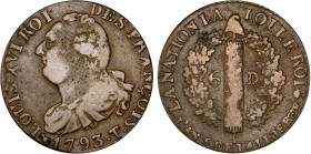 PÉRIODE RÉVOLUTIONNAIRE
6 DENIERS type "FRANÇOIS"
1793 T - TTB 35 (TTB)
léger paill. - Assez Rare en l'état


G 8, R 32, KM# 610
NANTES - CUIVR...