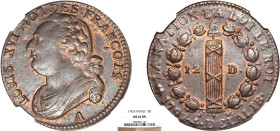 PÉRIODE RÉVOLUTIONNAIRE
12 DENIERS type "FRANÇOIS"
1792 A - SPL 62 (SUP++)
Lyre, Rare en l'état !, NGC MS62 BN


G 15, R 34, KM# 600
PARIS - CU...